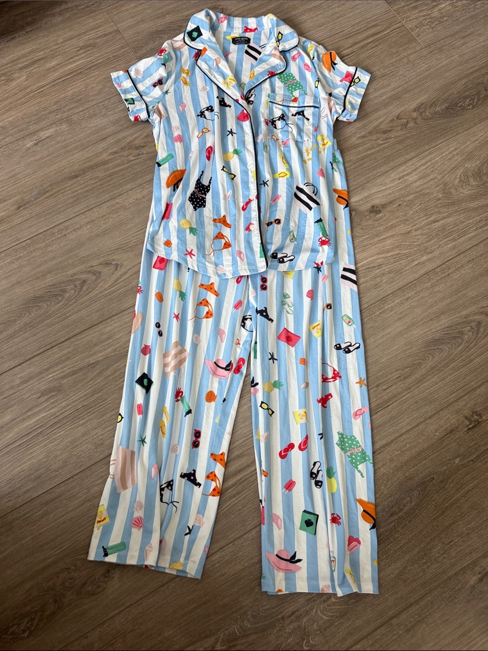 Kate Spade Light Blue & White Striped Pajama Set with Beach Motif